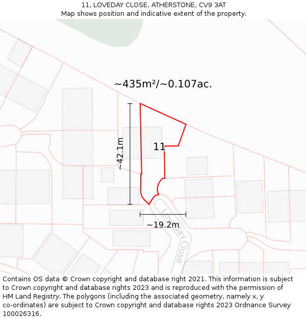 11, LOVEDAY CLOSE, ATHERSTONE, CV9 3AT: Plot and title map