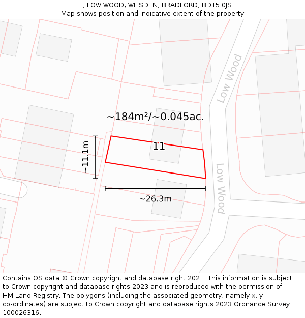 11, LOW WOOD, WILSDEN, BRADFORD, BD15 0JS: Plot and title map