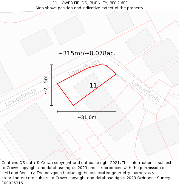 11, LOWER FIELDS, BURNLEY, BB12 6PF: Plot and title map