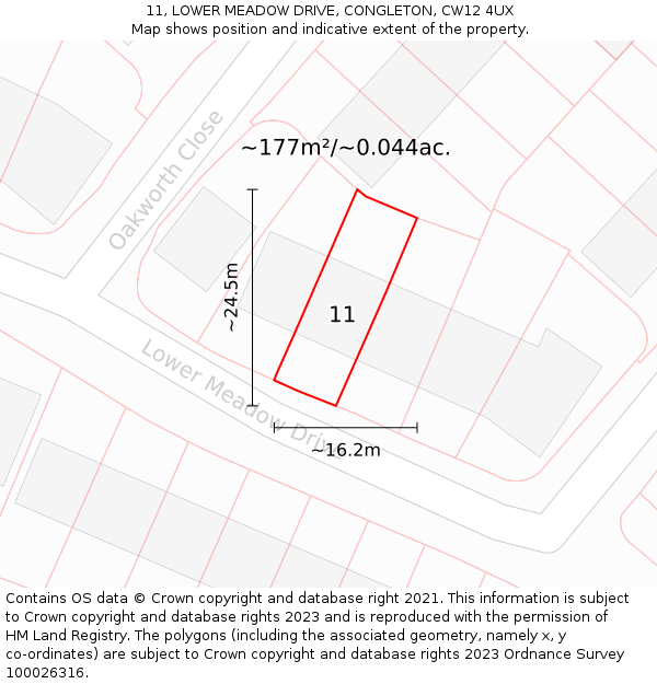 11, LOWER MEADOW DRIVE, CONGLETON, CW12 4UX: Plot and title map