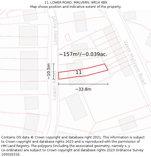 11, LOWER ROAD, MALVERN, WR14 4BX: Plot and title map