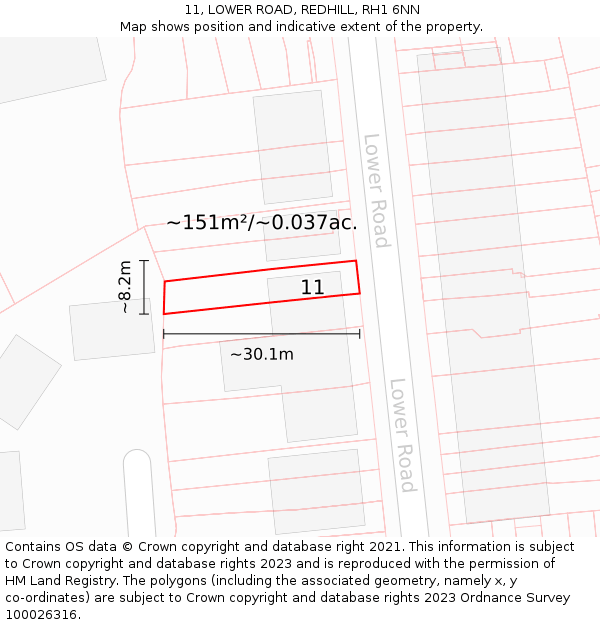 11, LOWER ROAD, REDHILL, RH1 6NN: Plot and title map