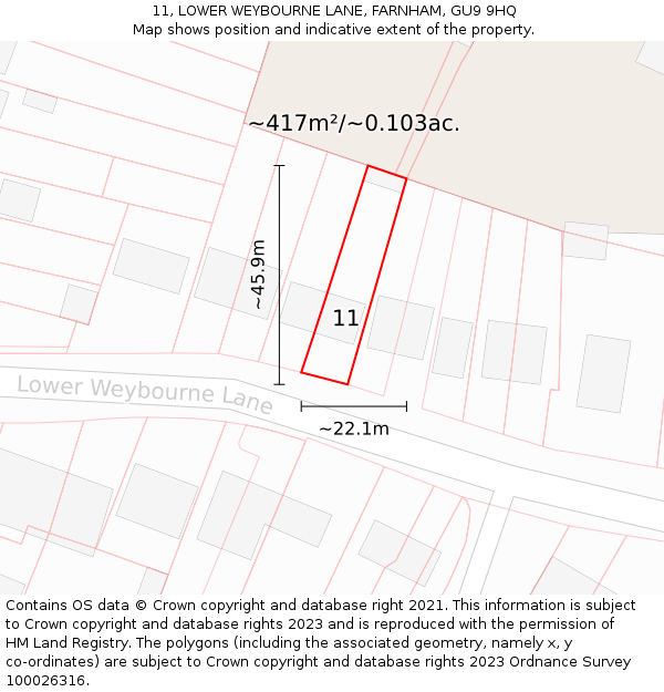 11, LOWER WEYBOURNE LANE, FARNHAM, GU9 9HQ: Plot and title map
