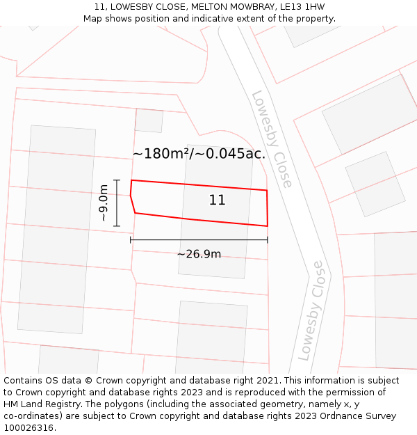 11, LOWESBY CLOSE, MELTON MOWBRAY, LE13 1HW: Plot and title map