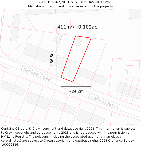 11, LOWFIELD ROAD, SLINFOLD, HORSHAM, RH13 0SG: Plot and title map