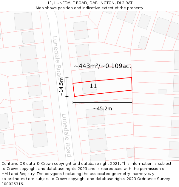 11, LUNEDALE ROAD, DARLINGTON, DL3 9AT: Plot and title map