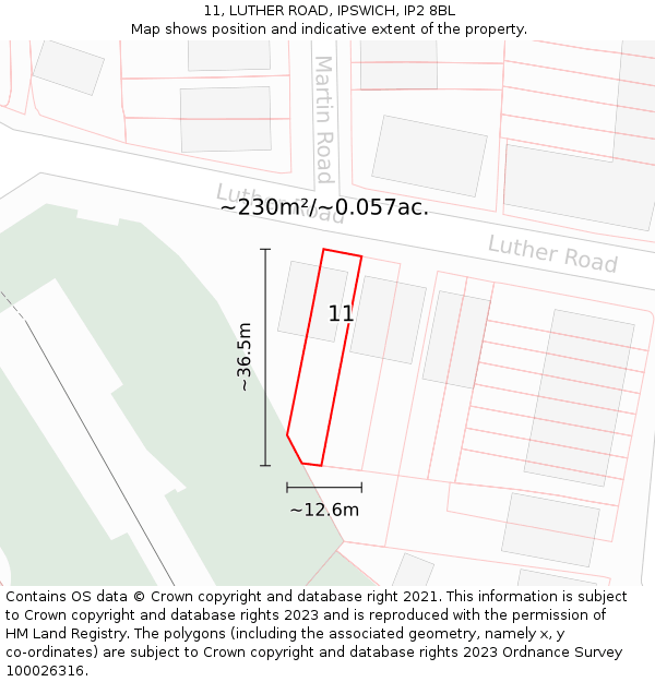 11, LUTHER ROAD, IPSWICH, IP2 8BL: Plot and title map