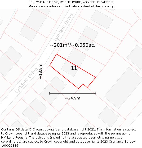 11, LYNDALE DRIVE, WRENTHORPE, WAKEFIELD, WF2 0JZ: Plot and title map