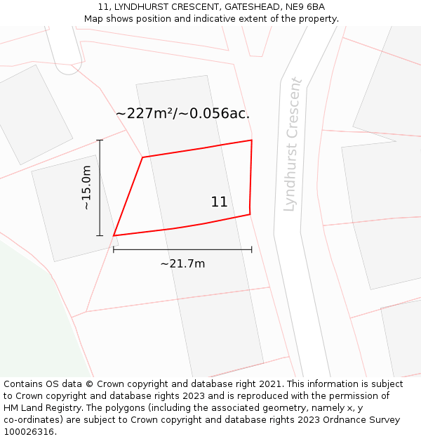 11, LYNDHURST CRESCENT, GATESHEAD, NE9 6BA: Plot and title map