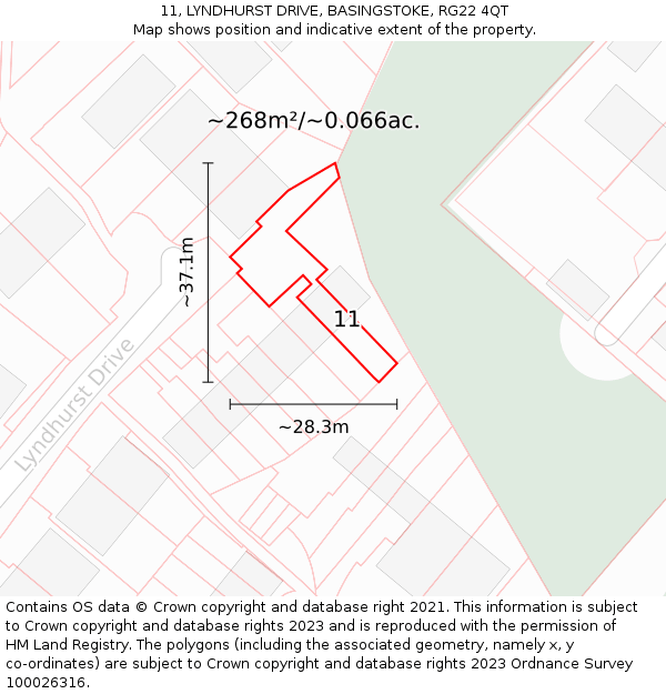 11, LYNDHURST DRIVE, BASINGSTOKE, RG22 4QT: Plot and title map