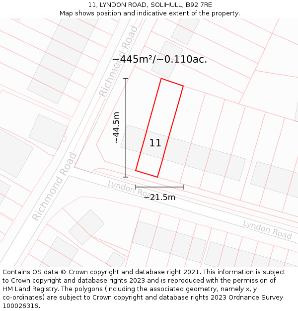 11, LYNDON ROAD, SOLIHULL, B92 7RE: Plot and title map