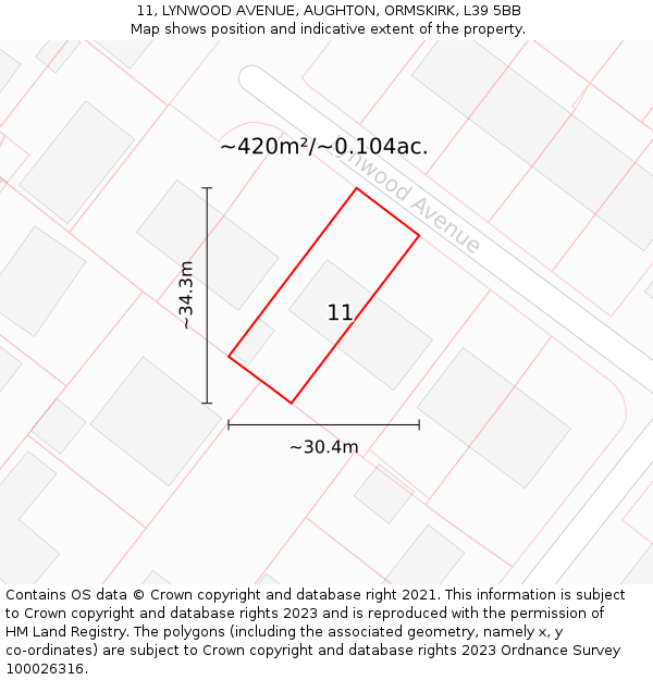 11, LYNWOOD AVENUE, AUGHTON, ORMSKIRK, L39 5BB: Plot and title map