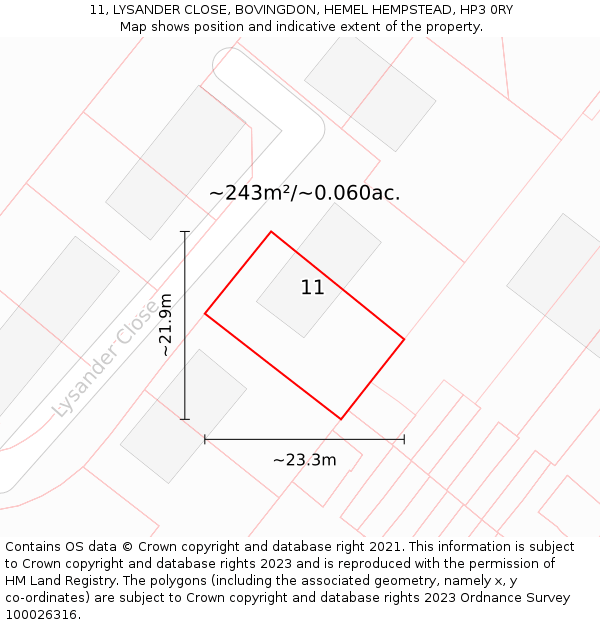 11, LYSANDER CLOSE, BOVINGDON, HEMEL HEMPSTEAD, HP3 0RY: Plot and title map