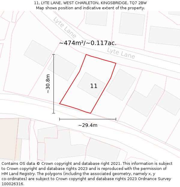 11, LYTE LANE, WEST CHARLETON, KINGSBRIDGE, TQ7 2BW: Plot and title map
