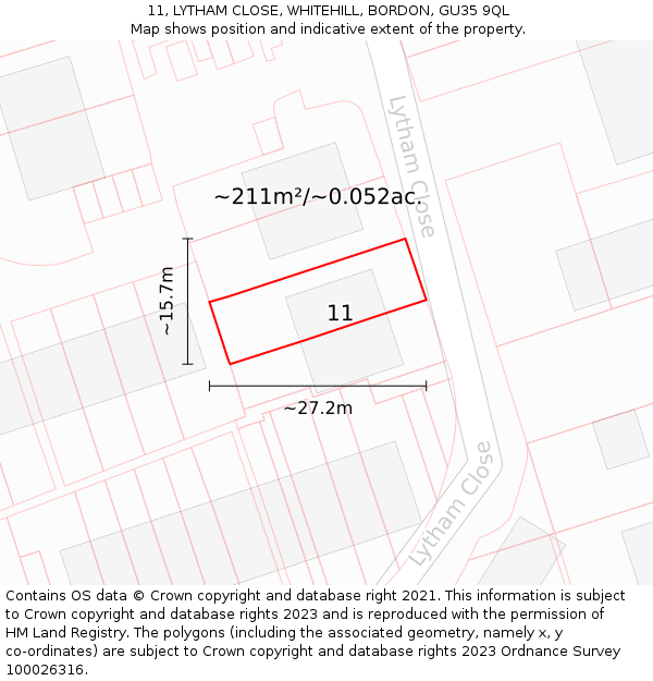 11, LYTHAM CLOSE, WHITEHILL, BORDON, GU35 9QL: Plot and title map