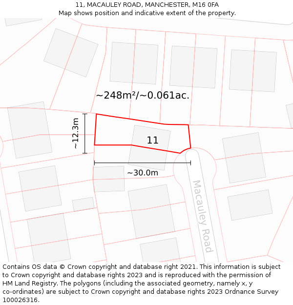 11, MACAULEY ROAD, MANCHESTER, M16 0FA: Plot and title map