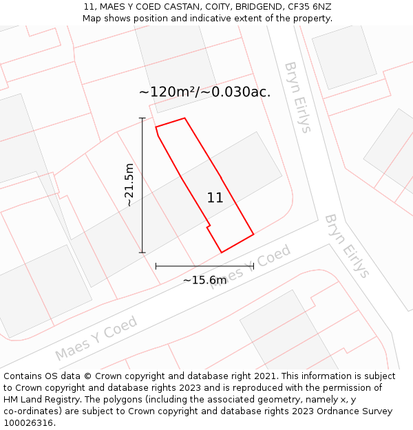 11, MAES Y COED CASTAN, COITY, BRIDGEND, CF35 6NZ: Plot and title map
