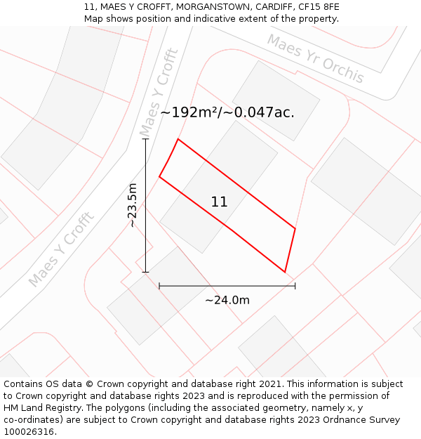 11, MAES Y CROFFT, MORGANSTOWN, CARDIFF, CF15 8FE: Plot and title map