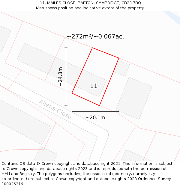 11, MAILES CLOSE, BARTON, CAMBRIDGE, CB23 7BQ: Plot and title map
