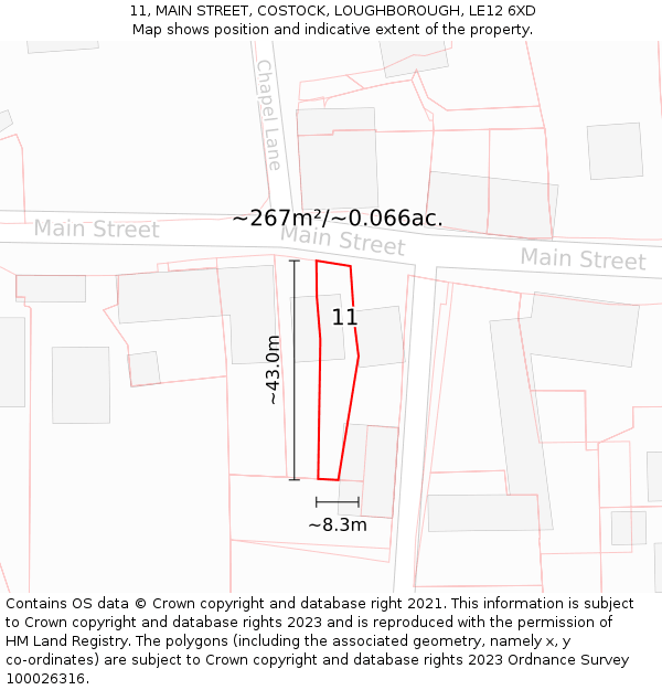 11, MAIN STREET, COSTOCK, LOUGHBOROUGH, LE12 6XD: Plot and title map