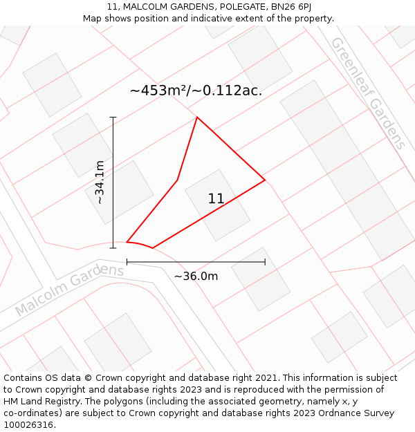11, MALCOLM GARDENS, POLEGATE, BN26 6PJ: Plot and title map