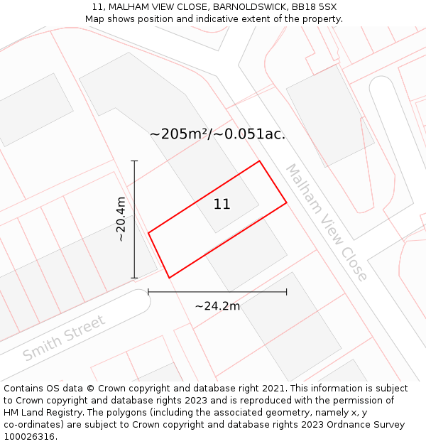 11, MALHAM VIEW CLOSE, BARNOLDSWICK, BB18 5SX: Plot and title map