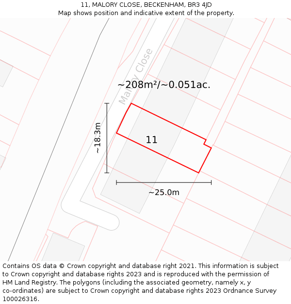 11, MALORY CLOSE, BECKENHAM, BR3 4JD: Plot and title map