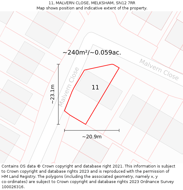 11, MALVERN CLOSE, MELKSHAM, SN12 7RR: Plot and title map