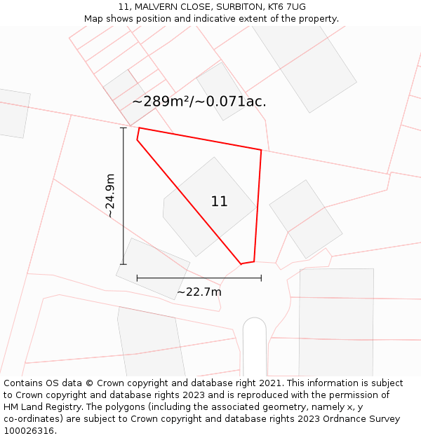 11, MALVERN CLOSE, SURBITON, KT6 7UG: Plot and title map