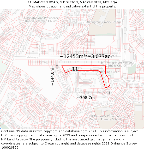 11, MALVERN ROAD, MIDDLETON, MANCHESTER, M24 1QA: Plot and title map