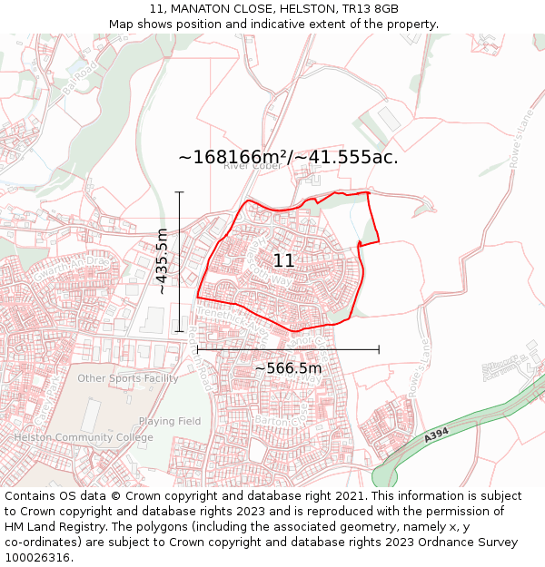 11, MANATON CLOSE, HELSTON, TR13 8GB: Plot and title map