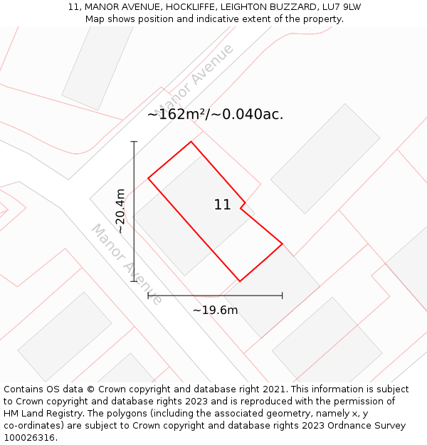 11, MANOR AVENUE, HOCKLIFFE, LEIGHTON BUZZARD, LU7 9LW: Plot and title map