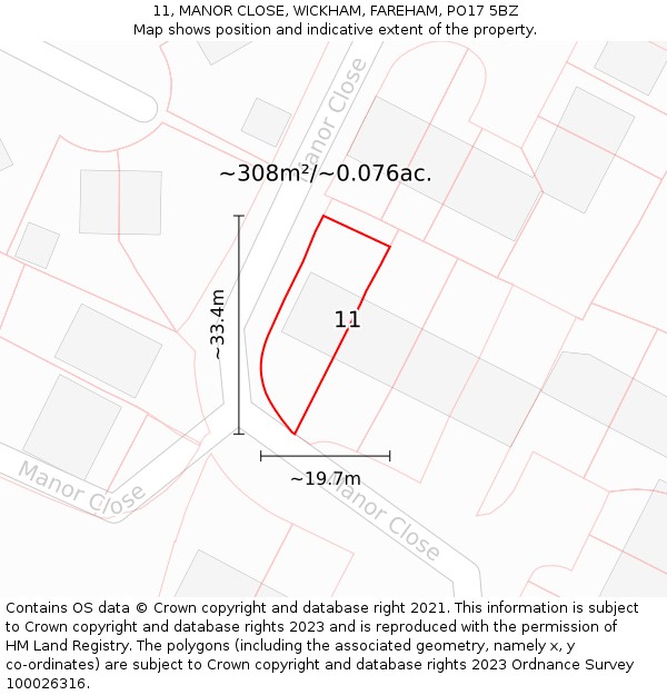 11, MANOR CLOSE, WICKHAM, FAREHAM, PO17 5BZ: Plot and title map
