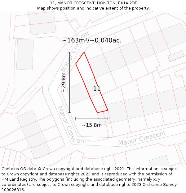 11, MANOR CRESCENT, HONITON, EX14 2DF: Plot and title map