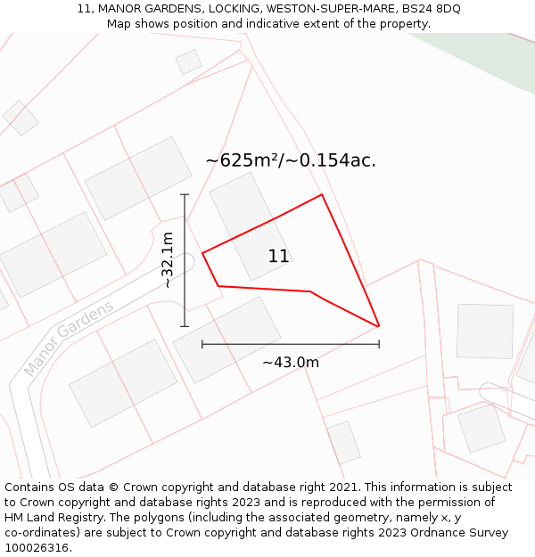 11, MANOR GARDENS, LOCKING, WESTON-SUPER-MARE, BS24 8DQ: Plot and title map