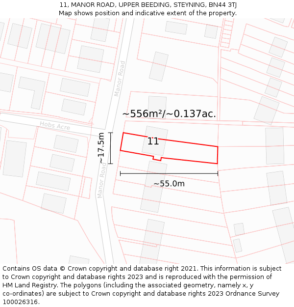 11, MANOR ROAD, UPPER BEEDING, STEYNING, BN44 3TJ: Plot and title map