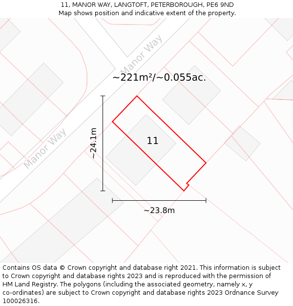 11, MANOR WAY, LANGTOFT, PETERBOROUGH, PE6 9ND: Plot and title map