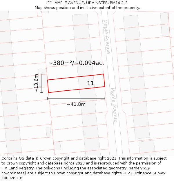 11, MAPLE AVENUE, UPMINSTER, RM14 2LF: Plot and title map