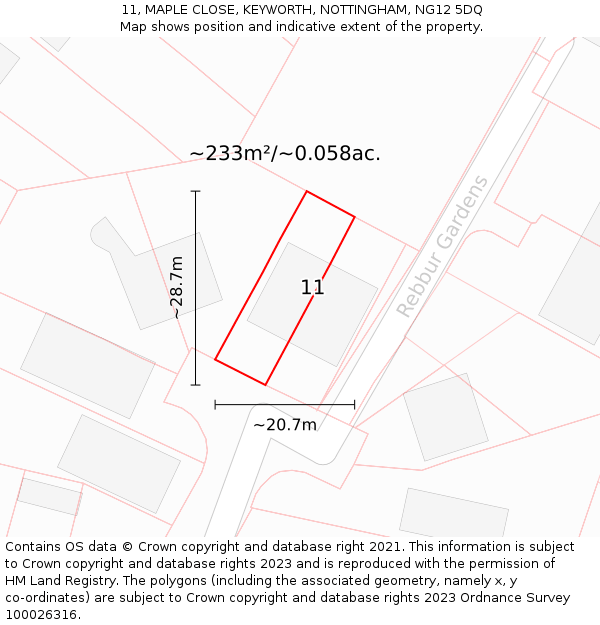 11, MAPLE CLOSE, KEYWORTH, NOTTINGHAM, NG12 5DQ: Plot and title map