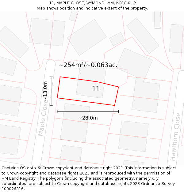 11, MAPLE CLOSE, WYMONDHAM, NR18 0HP: Plot and title map