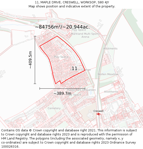 11, MAPLE DRIVE, CRESWELL, WORKSOP, S80 4JY: Plot and title map