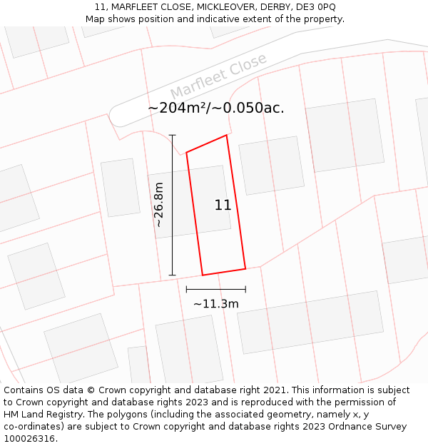 11, MARFLEET CLOSE, MICKLEOVER, DERBY, DE3 0PQ: Plot and title map