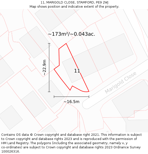 11, MARIGOLD CLOSE, STAMFORD, PE9 2WJ: Plot and title map