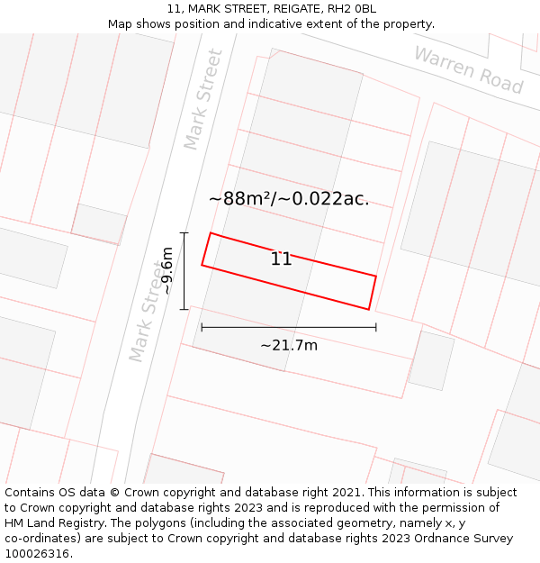 11, MARK STREET, REIGATE, RH2 0BL: Plot and title map