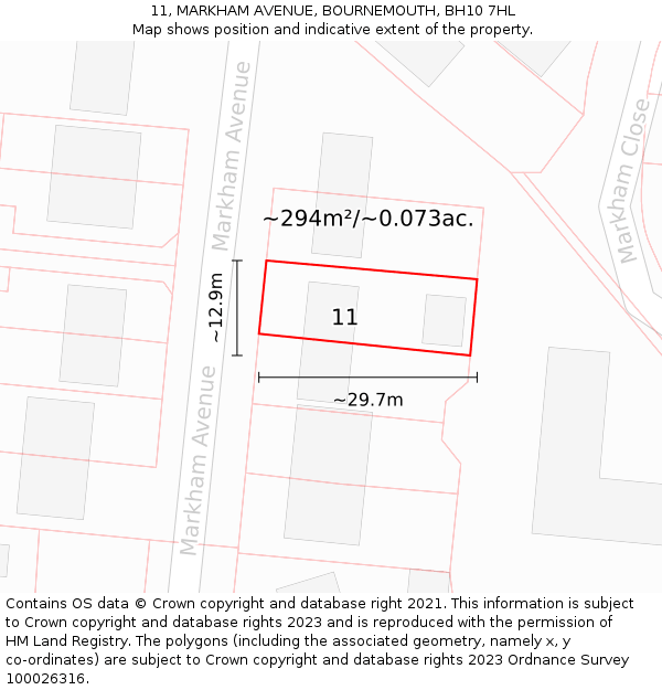 11, MARKHAM AVENUE, BOURNEMOUTH, BH10 7HL: Plot and title map