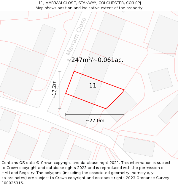 11, MARRAM CLOSE, STANWAY, COLCHESTER, CO3 0PJ: Plot and title map