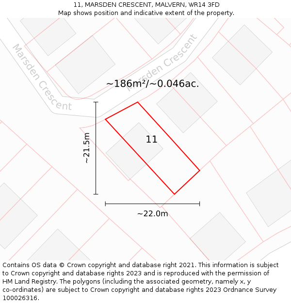 11, MARSDEN CRESCENT, MALVERN, WR14 3FD: Plot and title map