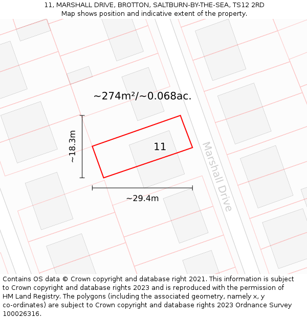 11, MARSHALL DRIVE, BROTTON, SALTBURN-BY-THE-SEA, TS12 2RD: Plot and title map