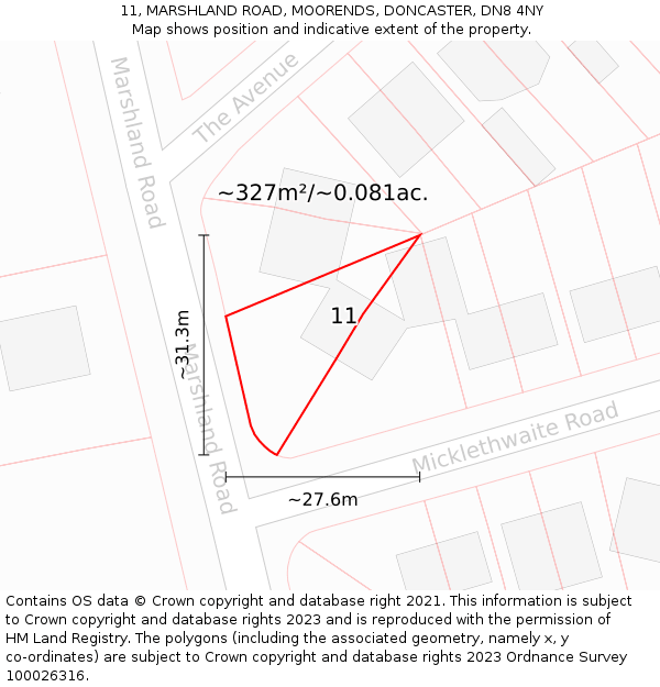 11, MARSHLAND ROAD, MOORENDS, DONCASTER, DN8 4NY: Plot and title map