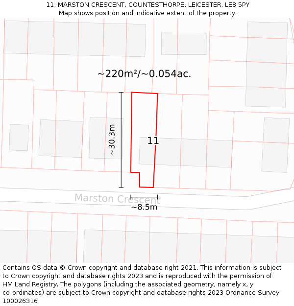 11, MARSTON CRESCENT, COUNTESTHORPE, LEICESTER, LE8 5PY: Plot and title map
